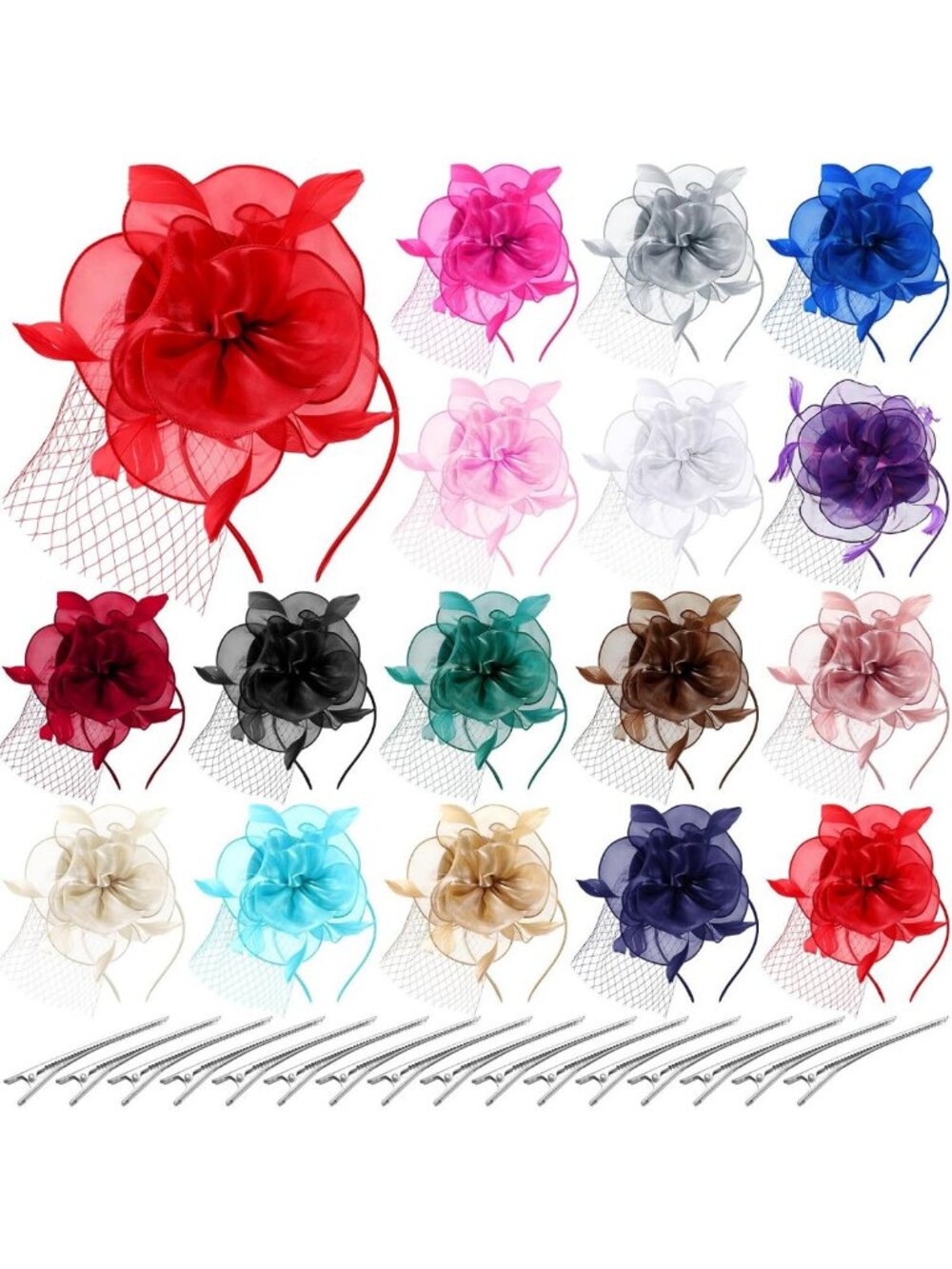 16 Pcs Women's Fascinators Hats for Tea Parties & Weddings - Flower Mesh
